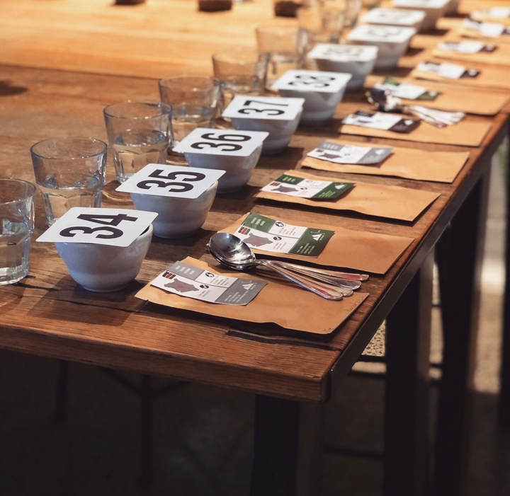 Coffee cupping on roastery table