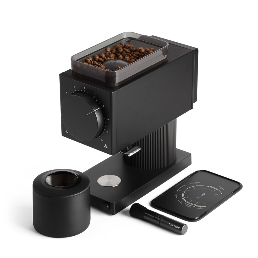 Fellow Ode Black brew grinder with beans and hopper