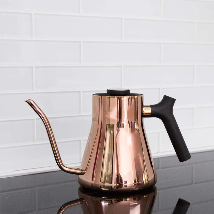 Fellow Stagg Copper Pour over kettle on bench